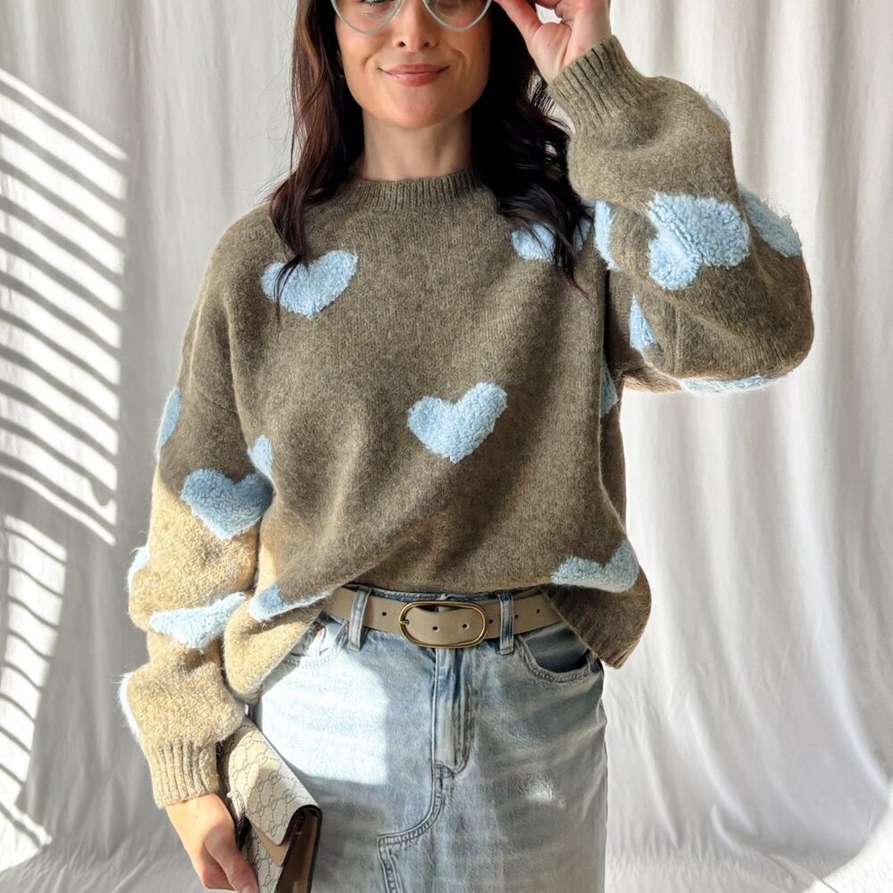 Women's Chenille Heart Soft Knit Sweater Top | Brown